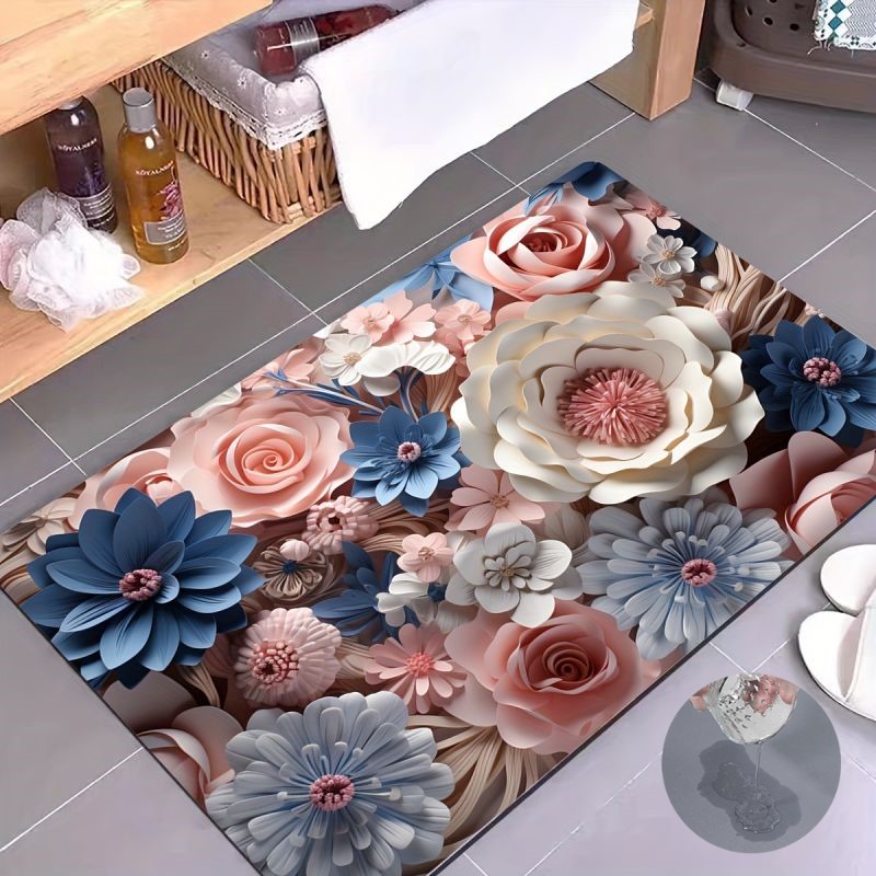 Alfombra de baño con patrón 3d de flores, alfombrilla antideslizante superabsorbente para cocina y baño, almohadilla de barro para pies, decoración de habitación del hogar, alfombras de entrada