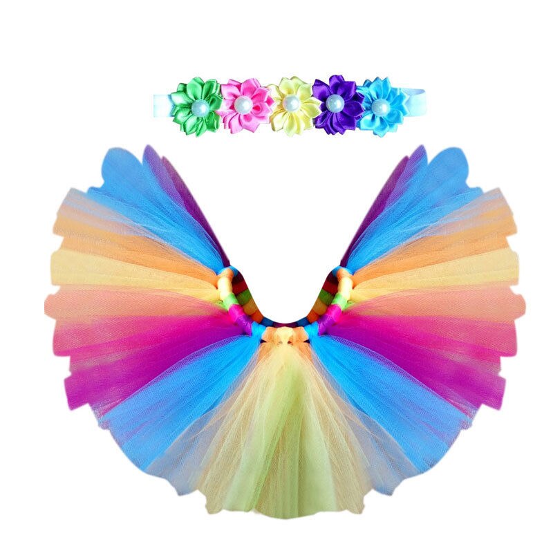 Rainbow Skirts 2pcs Baby Headdress flower+Tutu Rainbow Skirt Girls Photography Prop Outfit