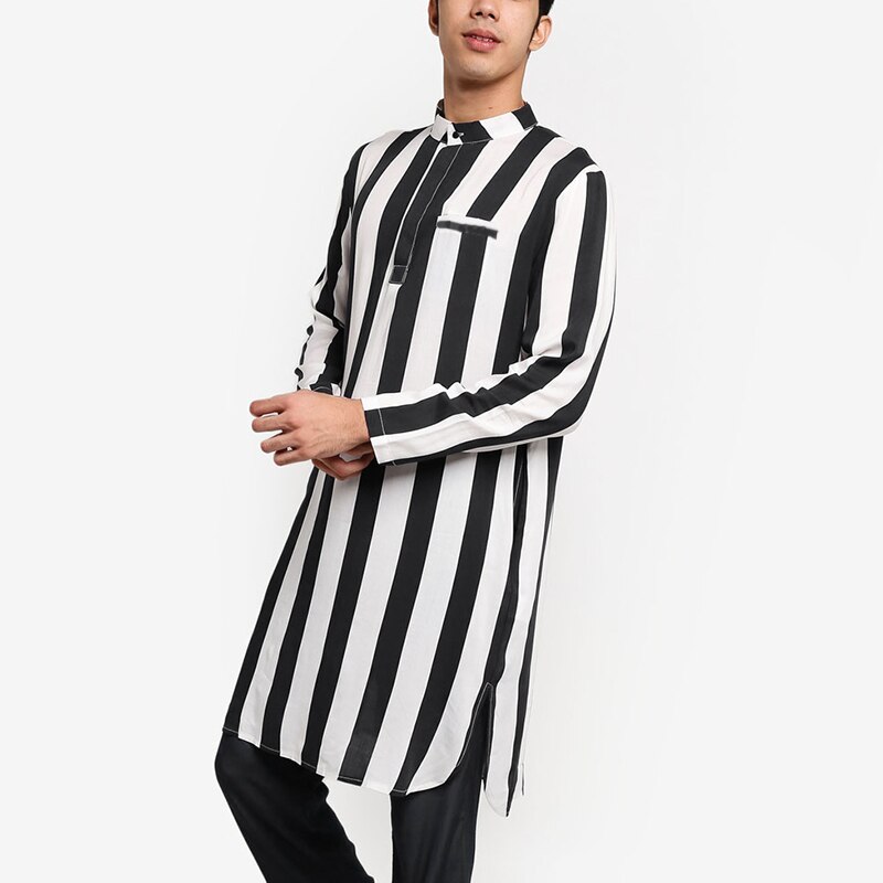 Män randiga kläder långärmad ställning krage långa skjortor man fritidsfickor kurta muslin kaftan mantel indiska kläder