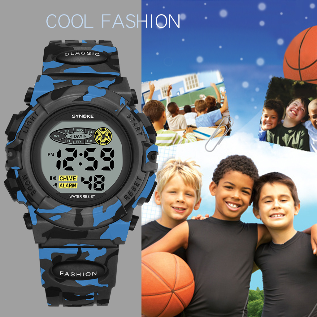 SYNOKE Student sporthorloge voor kinderen Kleurrijke elektronische horloges Waterdichte klok Kinderen digitaal horloge voor jongens Camouflage