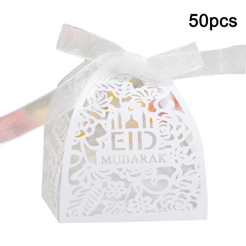 50pcs Eid Mubarak Candy Box Ramadan Decoration Hollow Wedding Party Favor Chocolate Boxes with Ribbons: W-2