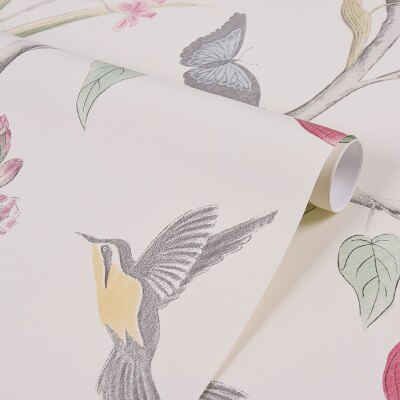 Papel tapiz Floral Rosa Vintage para decoración de la pared del dormitorio, papel tapiz de 100x53cm con mariposas tropicales, pájaros y pared de flores: Beige