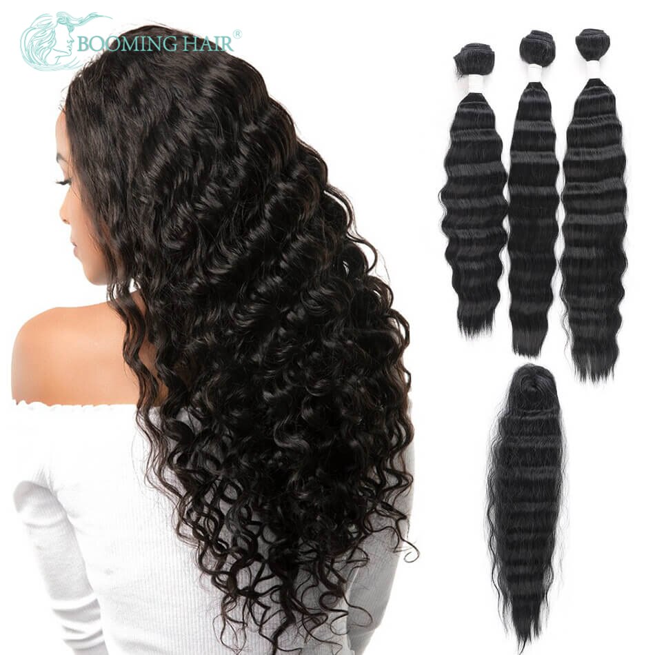 Synthetic Hair Bundles With Closure Body Wave 16-18 Inches Hair Extensions Natural colors For Women By BOOMING HAIR