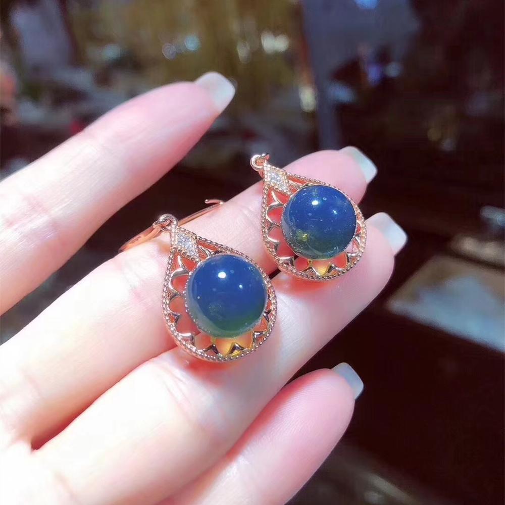 KJJEAXCMY bene gioielleria naturale Blu ambra 925 sterlina d'argento delle donne del pendente della collana della catena impostato orecchini ad anello di supporto di prova di lusso: earrings