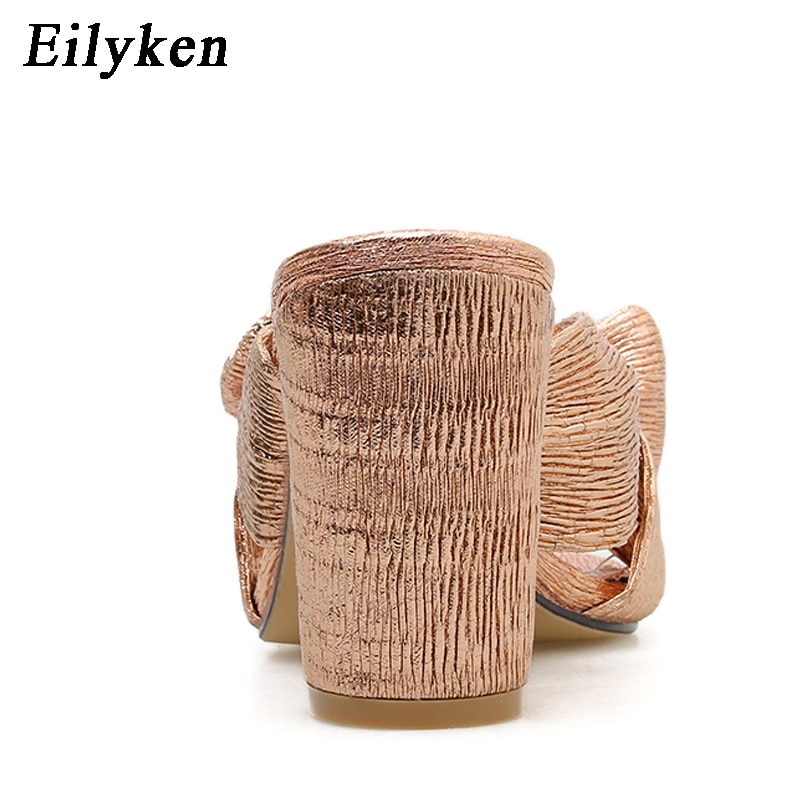 Eilyken sommer kvinner høye hæler muldyr tøfler kvinnelige peep toe stiletthæler tøfler gyldne sko pluss størrelse 35-42