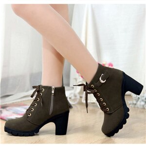 GAOKE Plus Size Enkellaars Vrouwen Platform Hoge Hakken vrouwen Laarzen Gesp Schoenen Dikke Hak Korte Laars Dames: Army Green / 37