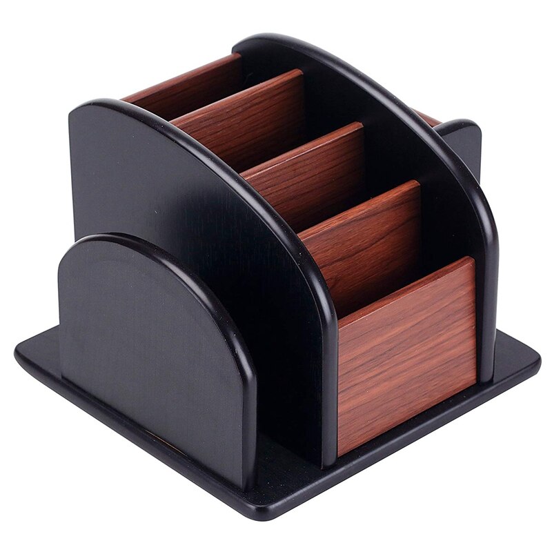 6-Compartment Wood Rotating Remote Caddy Desktop Office Supply Organizer Holder Desktop Storage Rack