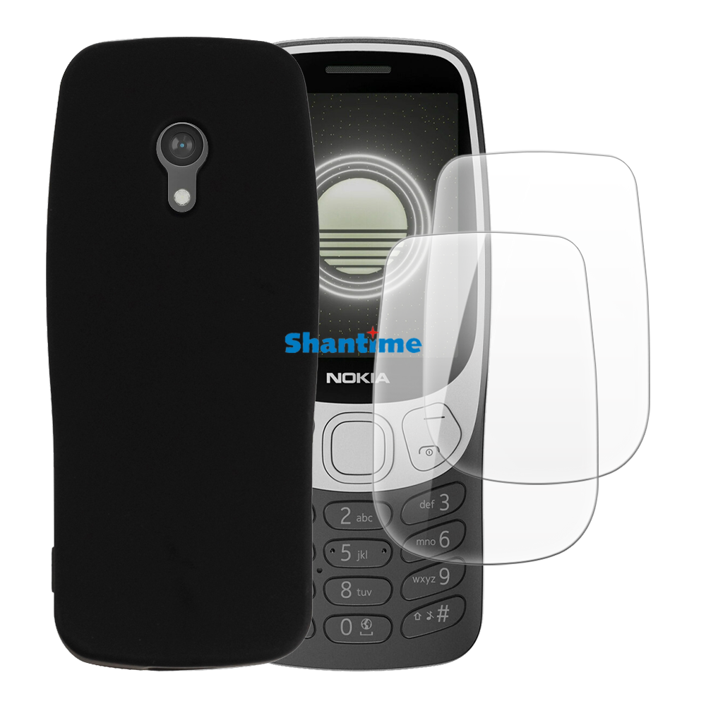Mykt deksel med  + 2 stk. herdet glassskjermbeskytter til nokia 3210, heldekkende beskyttelse: Svart