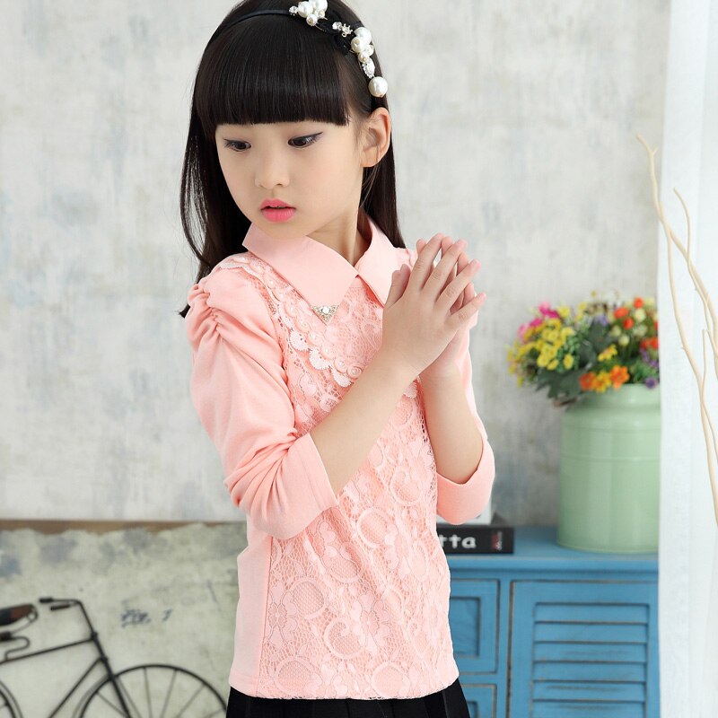Autumn girls blouse children clothes school girl blouse cotton lace child shirts blusas kids clothes pink white 3-14Y