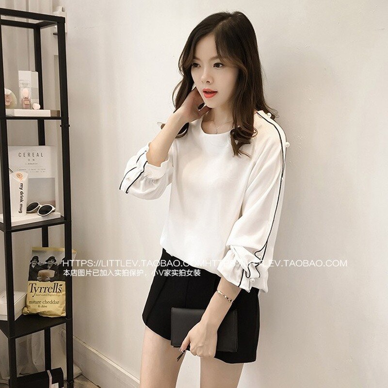 Women Blouses Chiffon O Neck Blouse Office Female Tops Long Sleeve Korea Pearl Women's Shirt Blusas Plus Size