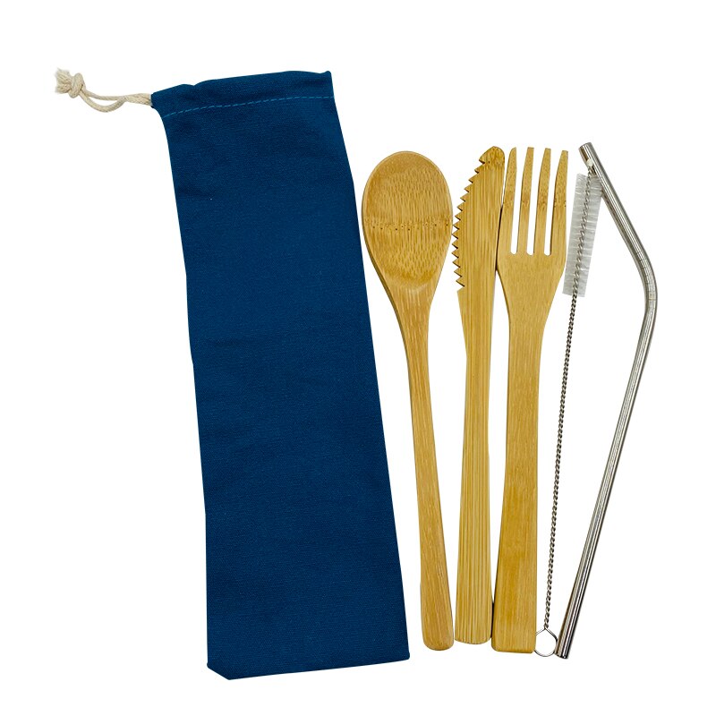 Vaisselle Portable biologique, vaisselle réutilisable, ensemble de vaisselle biodégradable, ustensiles de cuisine en bois de Camping, couverts de voyage en bambou: Bleu