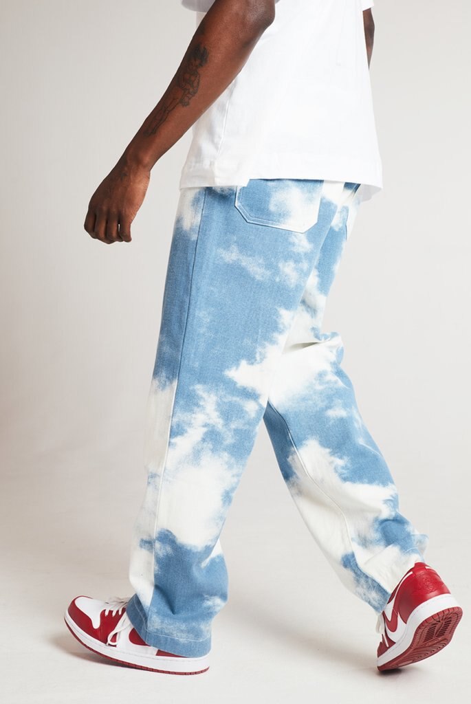 Men Casual Loose Straight Denim Pants Tie Dye Print Sky Blue Long Trouser Straight Jeans Button Fly Full Length High Cn(origin): S