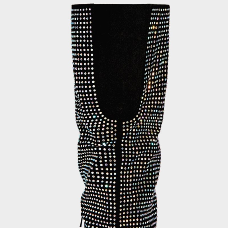 Luxe brillant strass ornement femmes cuissardes longues sur le genou côté Zip chaussures à talons hauts bottes grande taille 43