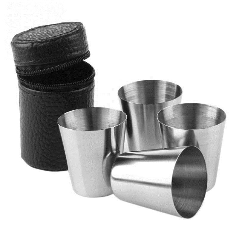 4 Stks/set Gepolijst 30 Ml Mini Rvs Shot Glass Cup Drinken Wijn Bril Met Leather Cover Tas Voor Thuis keuken Bar