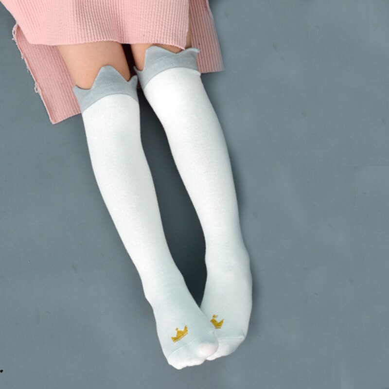 Kinderen meisjes lange sokken peuter baby jongens kniekousen zwart/wit kroon laarzen sokken katoen warme kinder beenwarmers