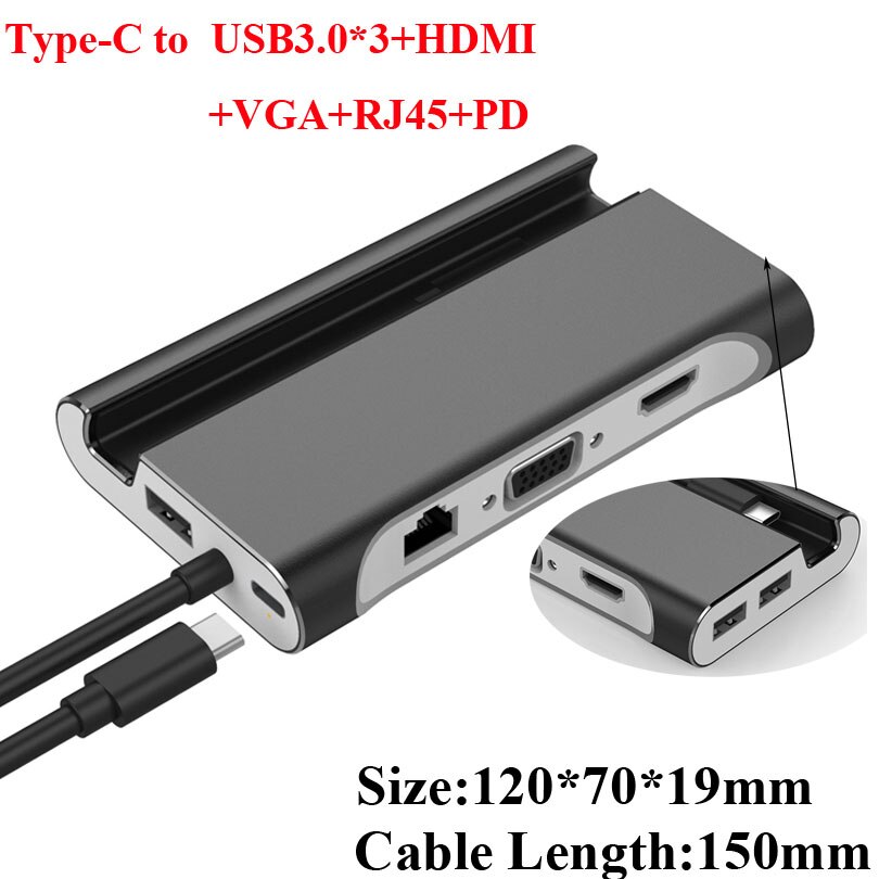 Multifunction USB Type-c Docking Station USB-C HUB To USB 3.0 RJ45 VGA Adapter for MacBook Samsung Galaxy S8 S9 HUAWEI Matebook: T702