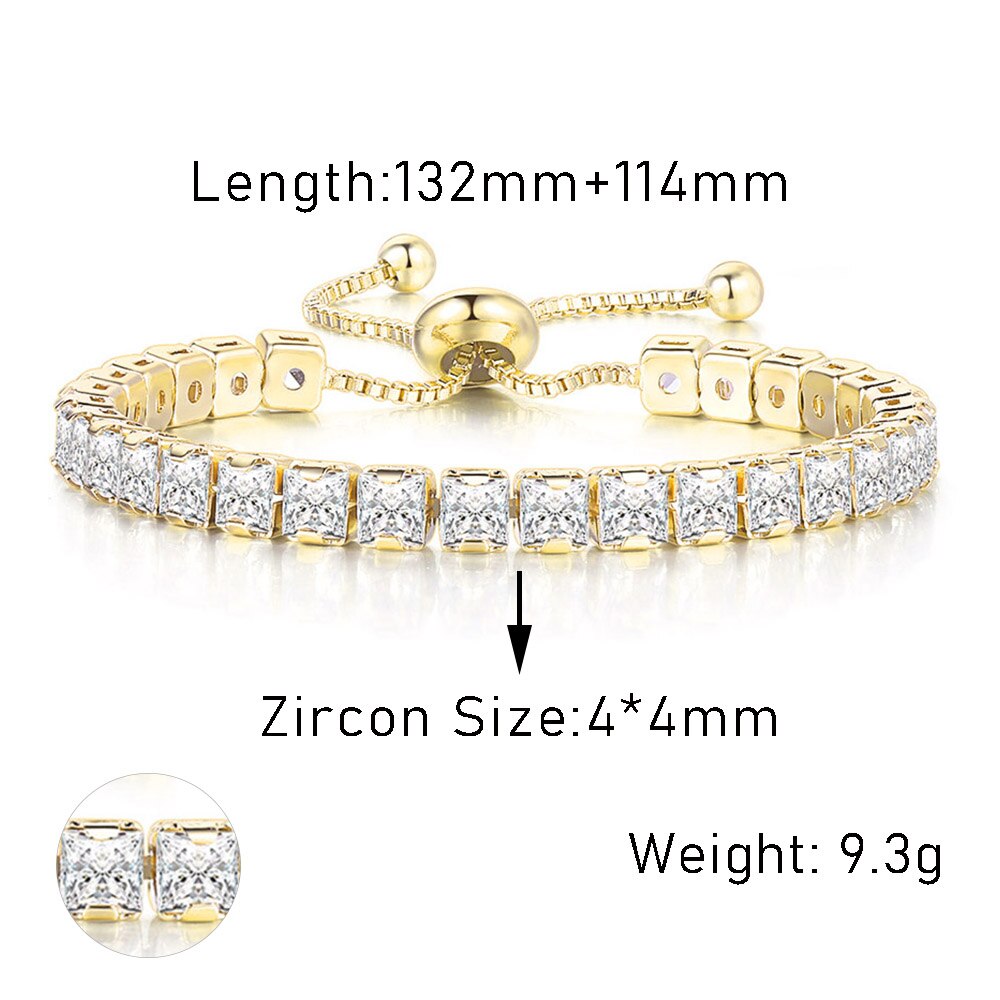 Adjustable Squares 3/4mm AAA+CZ Tennis Bracelets for Women Shiny Crystal Short Chain on Hand Sexy Accessories Jewelry: Light Yellow Gold Color