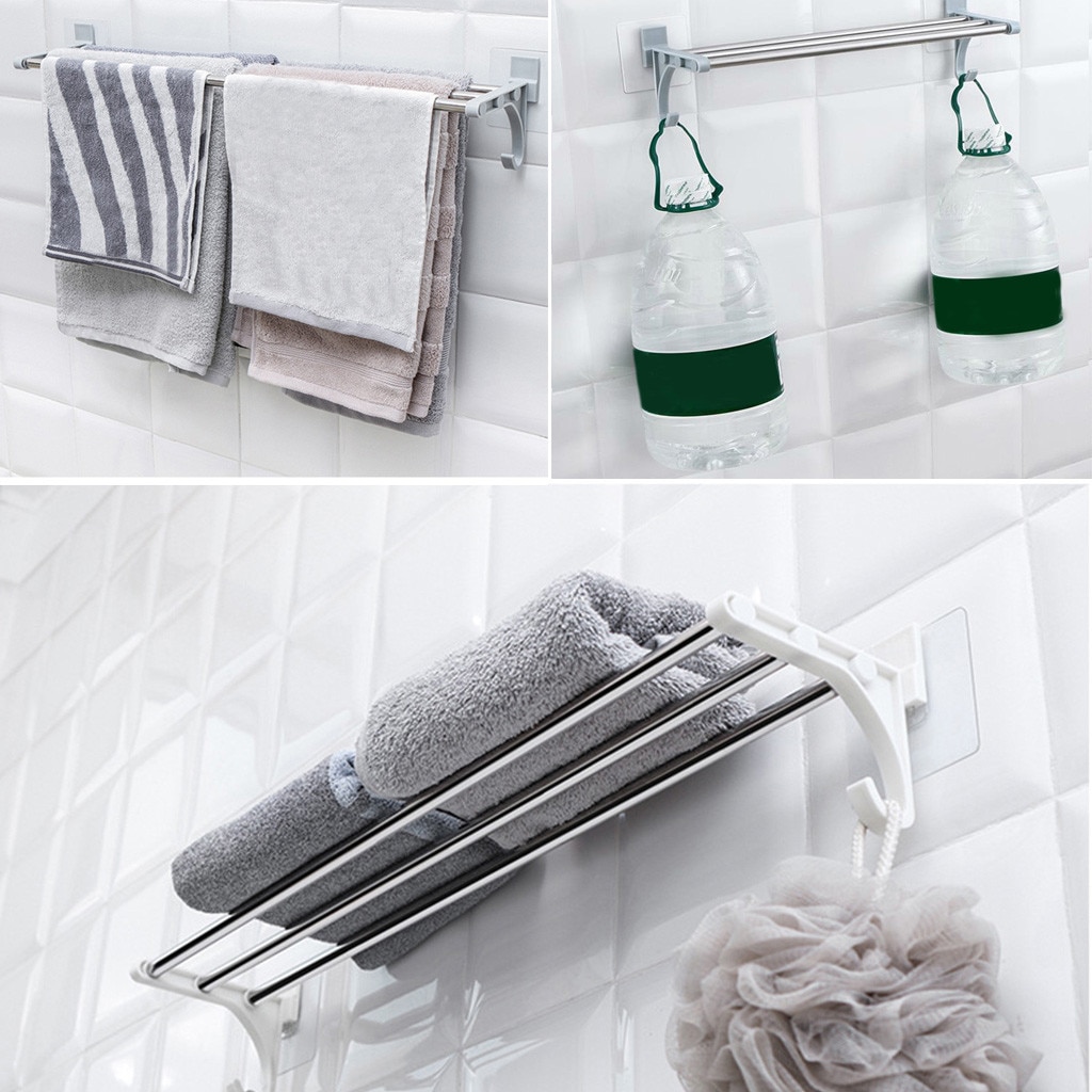 Bathroom Towel Racks Double Towel Rack Wall Mounted Space Aluminum Towel Shelf With Hooks Bath Rails Bars