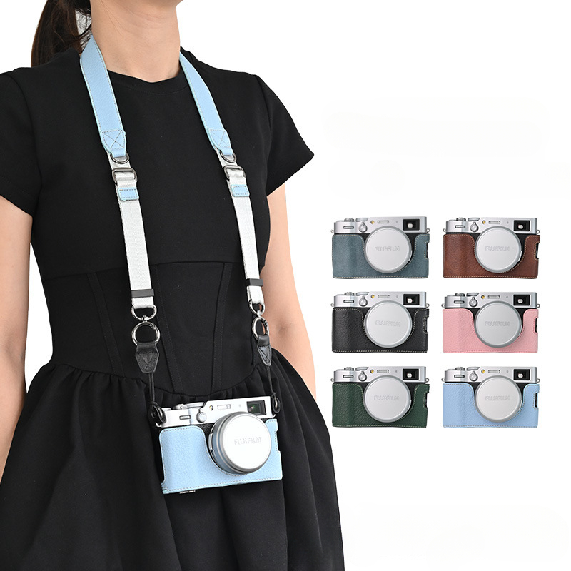 Torba na aparat fotograficzny do Fujifilm X100VI X100 VI 6, skórzana osłona ochronna z półpodstawą i paskiem na ramię na szyję i smyczą