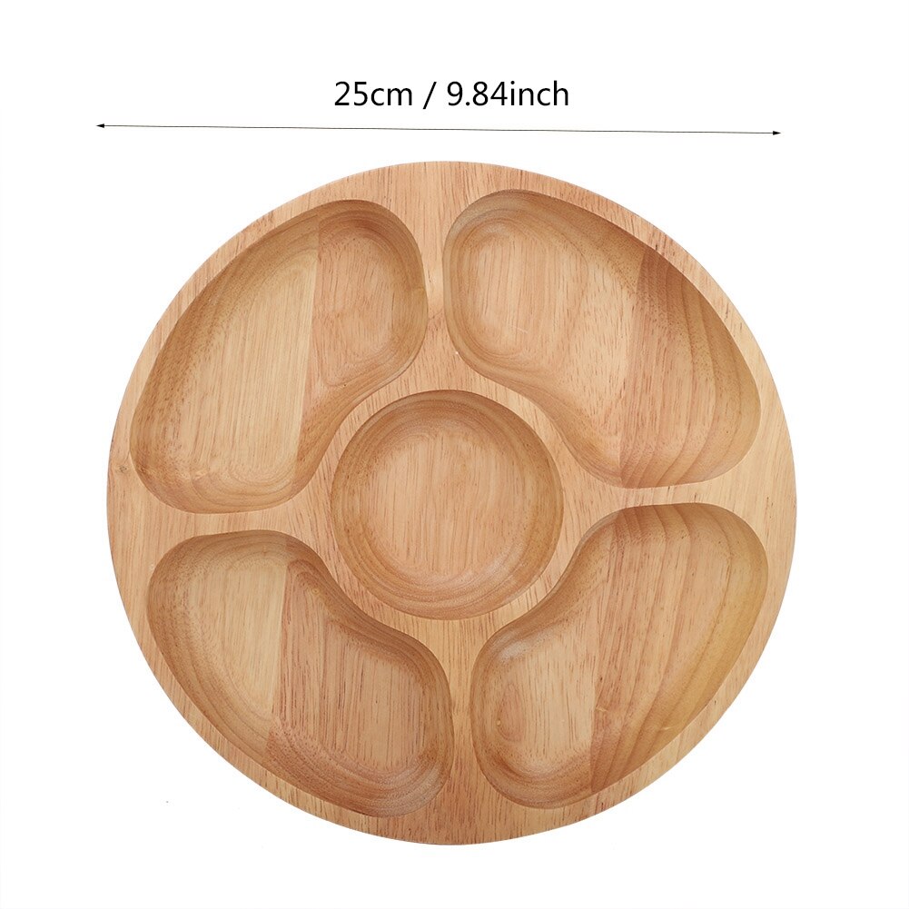 Wooden Round Shape Food Divided Plate Dessert Snack Sub-grid Dish Tableware Tray