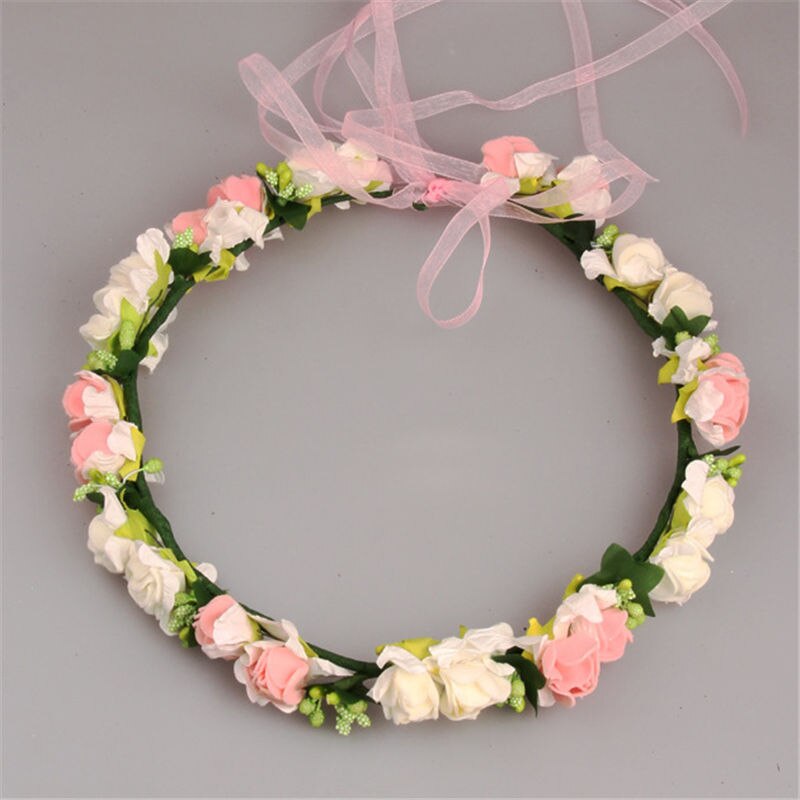Women Wedding Artificial Flower Wreath Handmade Fabric Adjustable Wreath Head wear Flower Crown Bride Hair Accessories: Pink and white
