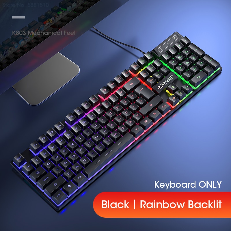 Wired Gaming Keyboard Mouse Gamer Kit PC Gamer Mechanical Feel Keyboards Rainbow Backlight Computer Backlit 104 Keys Keycaps Set: RainbowKeyboardBlack