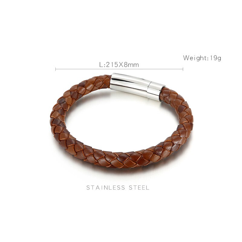 Handgemaakte Sieraden Heren Rvs Sluiting Bruin Blauwe Kleur 8Mm Lederen Koord Gevlochten Armband 215Mm