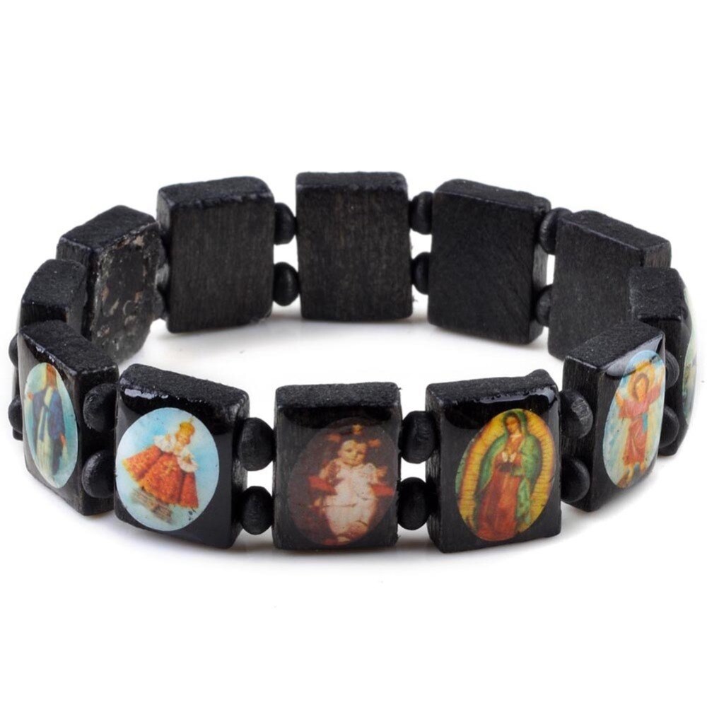 Imixlot Jesus Wooden Saints Rosary Religious Bracelet Angel Bangle Catholic Icon Blessing Jewelry Pulseras Masculina