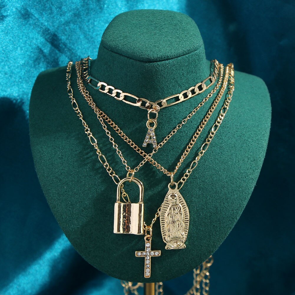 Flatfoosie gouden kristallen letterkruishanger ketting voor vrouwen punk multilayer portretslot lange ketting sieraden