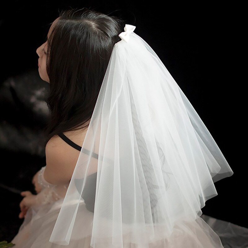 Velos cortos de tul para vestido de novia, cinta blanca con borde, lazo con peine para el pelo, velo para el cabello, accesorios de boda para novia