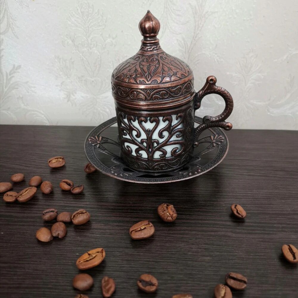 Authentic Patterned Copper Coffee Cup Sets Porcelain Espresso Traditional Turkish Handmade Luxury Antique Model Souvenirs