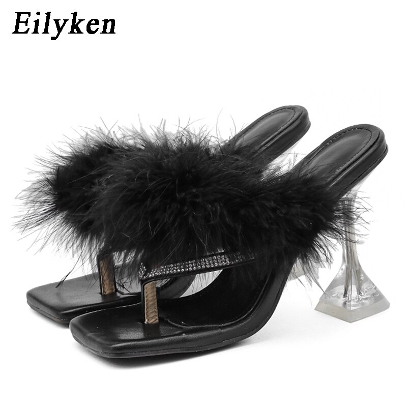 Eilyken-pantoufles d'été plume à talons hauts pour femmes, tongs à bout carré cristal clair, chaussures d'été, collection