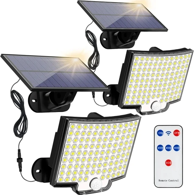 Luz de movimiento Solar de 106 LED, Panel separado para exteriores, luces de inundación solares, 4 modos de trabajo para luces de pared impermeables para jardín y garaje