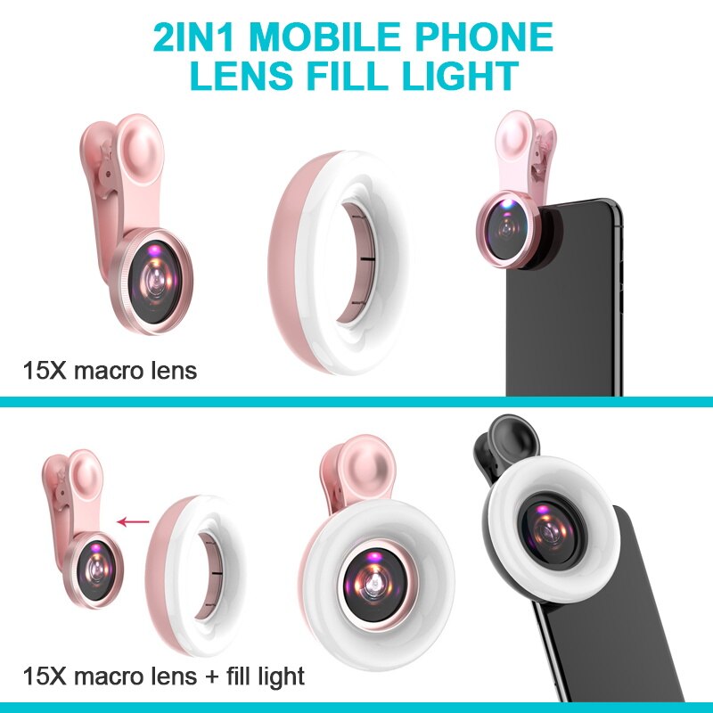 Neue handy füllen licht 15X makro objektiv Tragbare Selfie LED Ring Flash Licht Telefon Selfie Lampe Universal Ring Clip licht