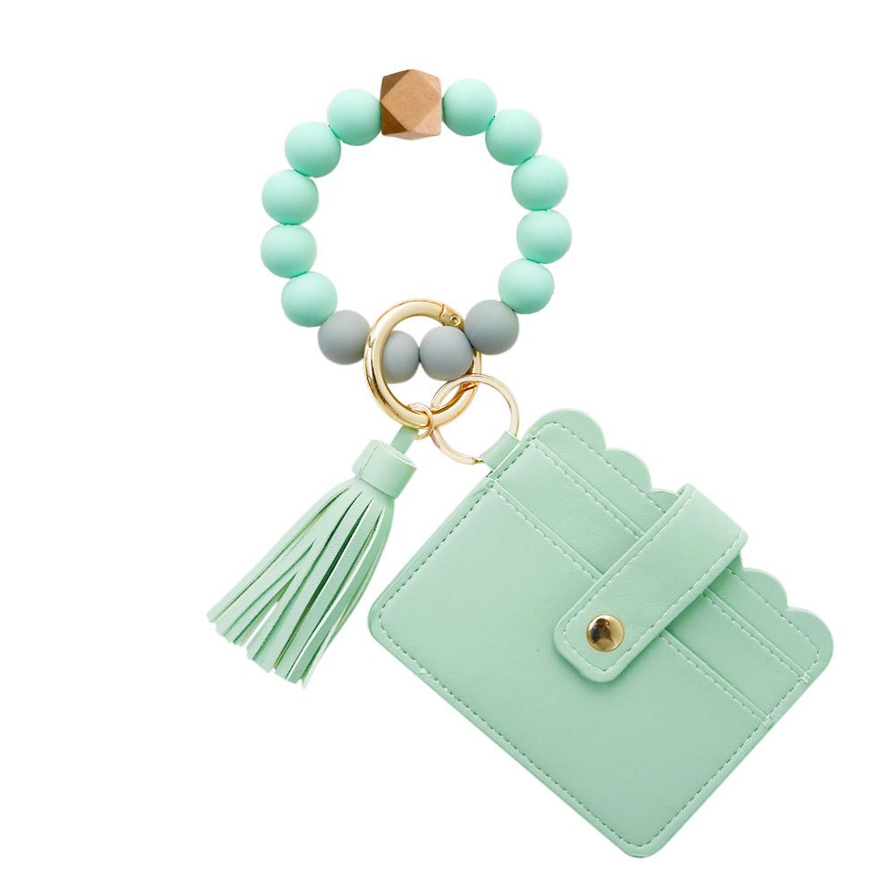 Purdored 1 Pc 13 Kleuren Mode Vrouwen Armbanden Kaarthouder Luipaard Vrouwelijke Visitekaartje Case Polsband Sleutelhanger Voor Mannen: green x beads