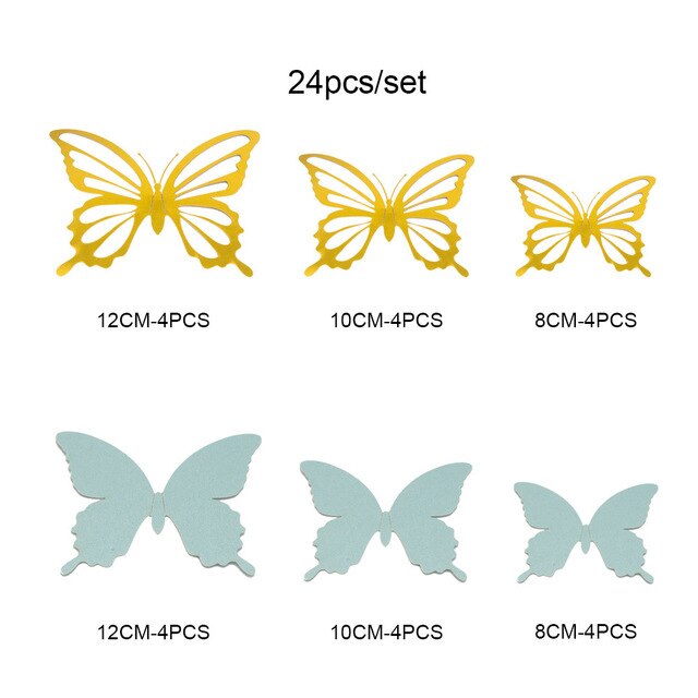 12Pcs Double-layer Paper 3D Butterfly Wall Sticker for Wedding Decoration Room Butterflies Fridge Art Wall Removable Wall Decor: Ice Blue Gold