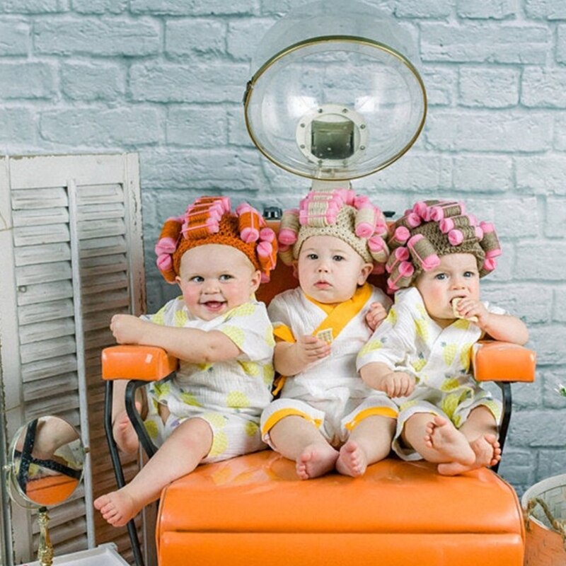 Adult Kids Baby Knitted Hair Roller Curlers Wig Hat Funny Housewife Landlady Cosplay Costume Elastic Head Cover Cap