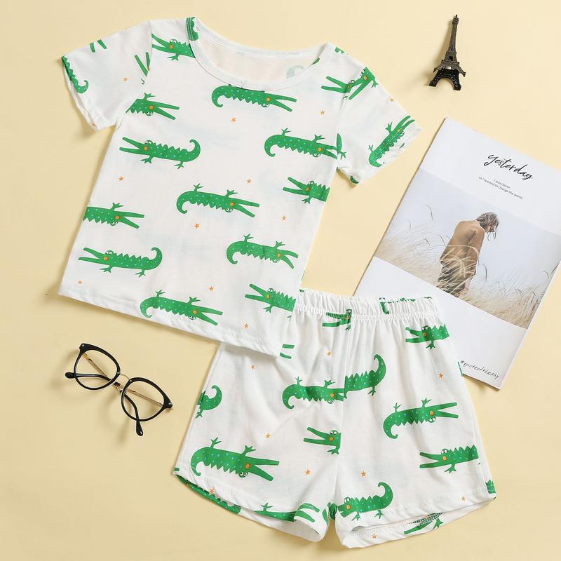 Drenge søde sommernattøj krokodilletryk komfort kortærmede t-shirts og shorts 2- delt letvægts nattøj