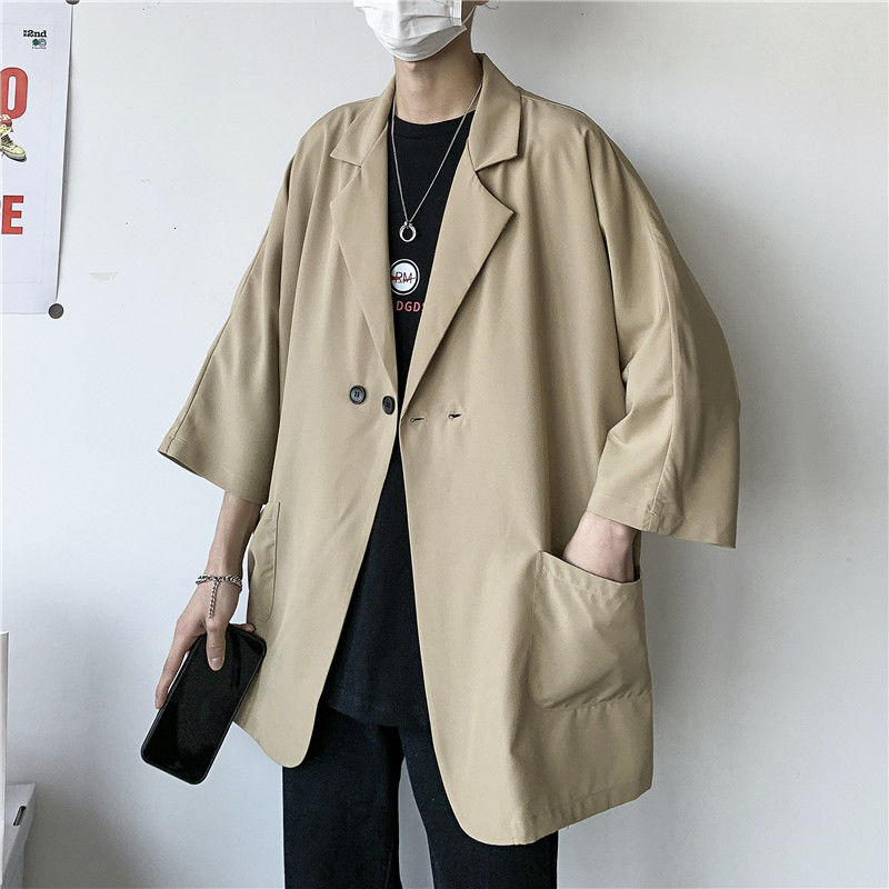 Solid Color Formal Suits Men Korean Loose Business Casual Suits Men's Social Breathable Short-sleeved Suit Jacket Men: Khaki / M