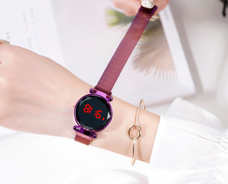 Reloj con imán y pantalla táctil LED para mujer, cronógrafo con correa Milanesa, redondo e informal, para estudiantes