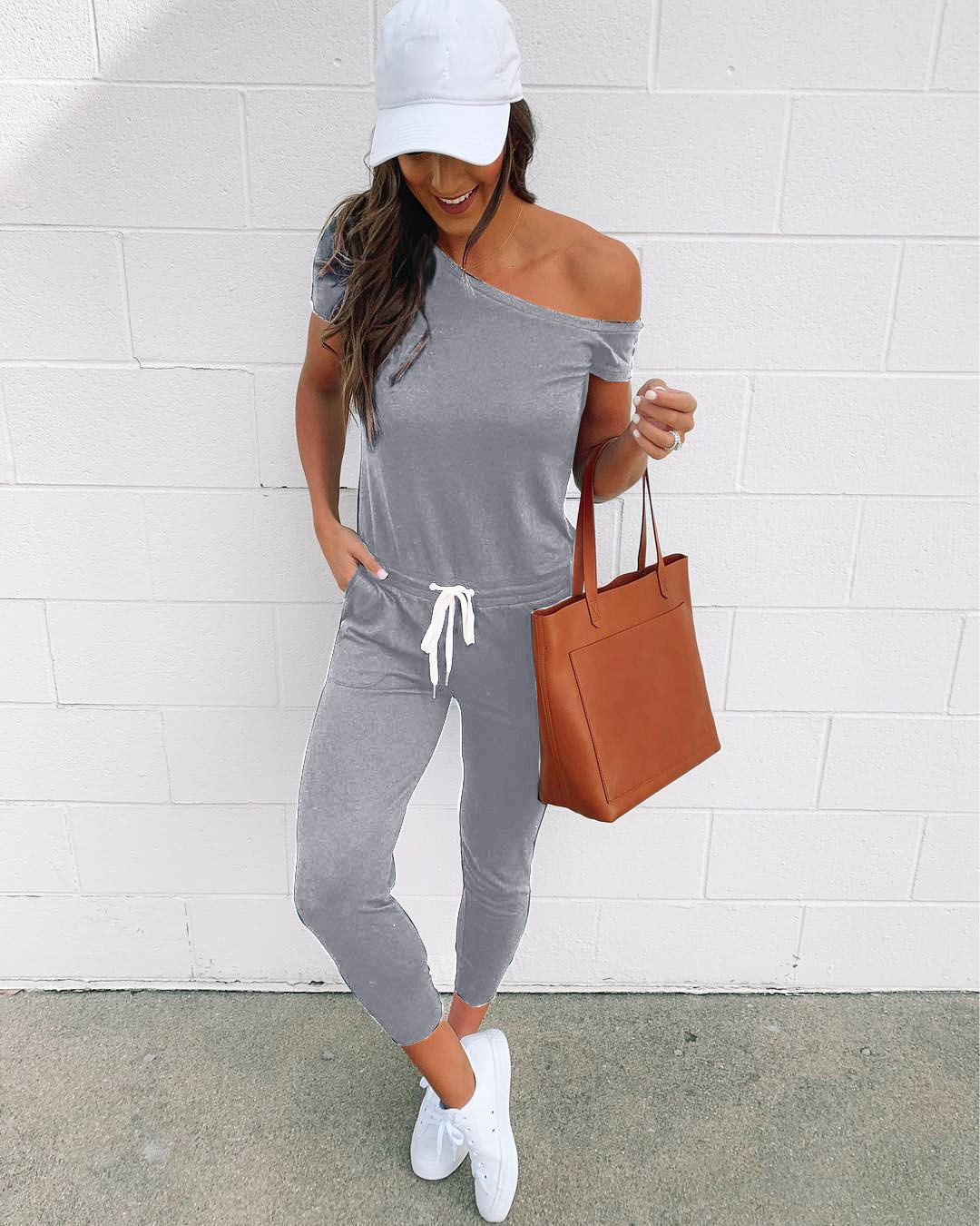 Meihuida dames zomer koude schouder homewear bodycon jumpsuits veter casual clubwear straat romper met riem: Grijs / S