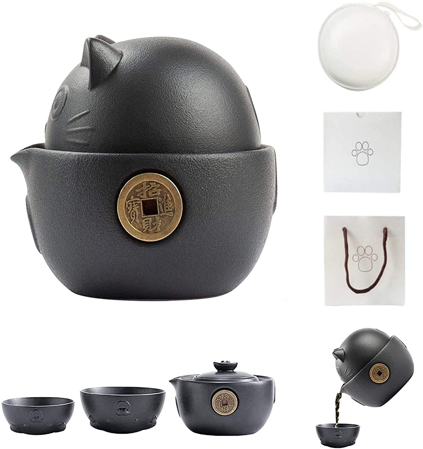 Service à thé Portable en céramique série chat, théière Kung Fu chinoise Anti-brûlure avec sac de voyage, Pots à thé et tasses à thé pour la maison: Black