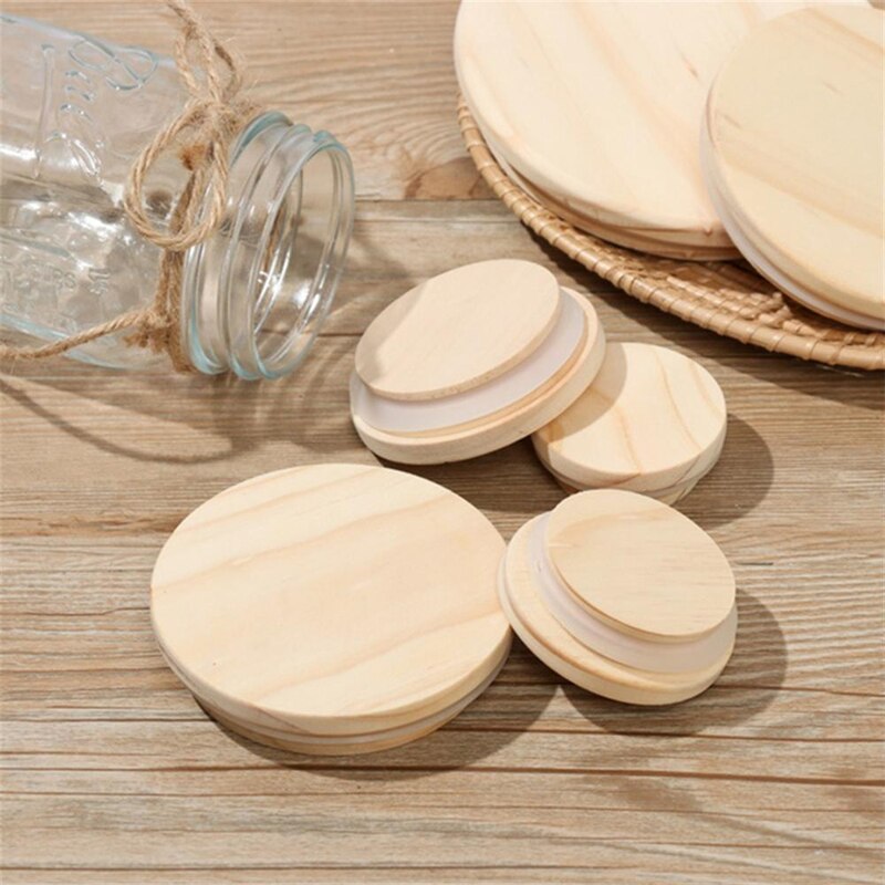 Natural Pine Wooden Cover Lid Reusable Kitchen Tissue Bottle Sealing Cap Canned Storage Mason Jar Lids Wide Mouth Cover Wood Lid