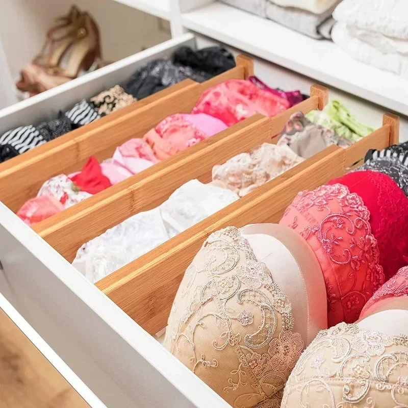 4 Stück Bambus-Schubladenteiler für Schlafzimmer, Küche, Schublade, Aufbewahrung, verstellbar, erweiterbar, Schubladenteiler für Schrank, Schrank, Kleiderschrank