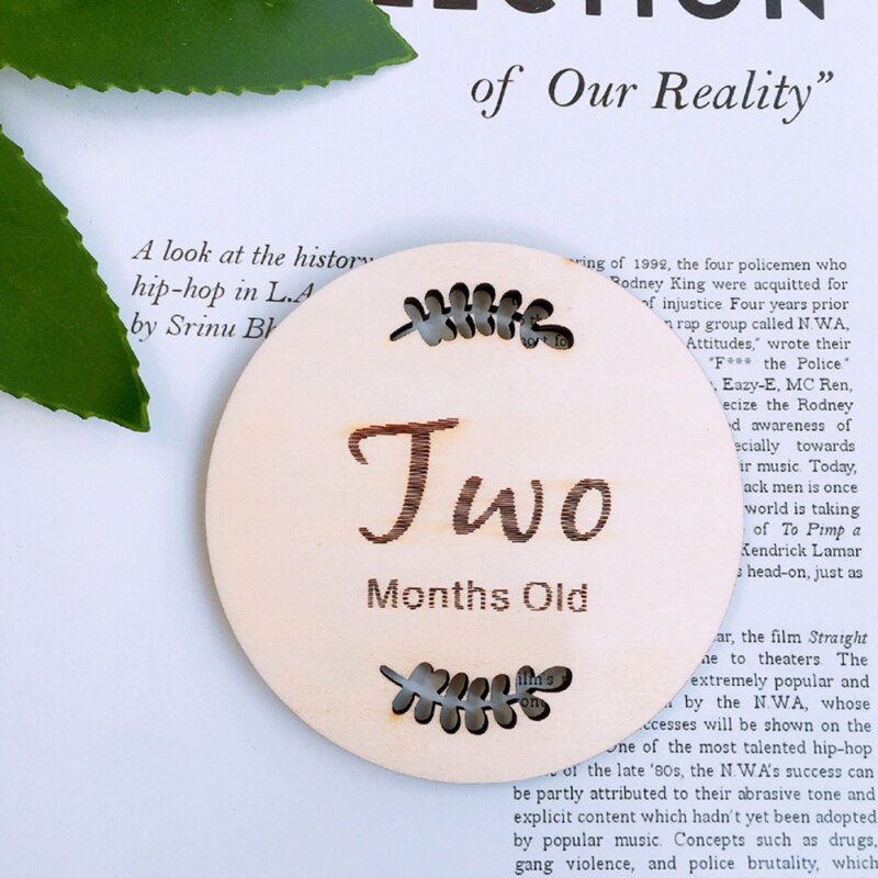 Household Baby Monthly Milestone Wooden Cards Baby Photography Props Home Milestone Card(Leaf Pattern,English Twelve)
