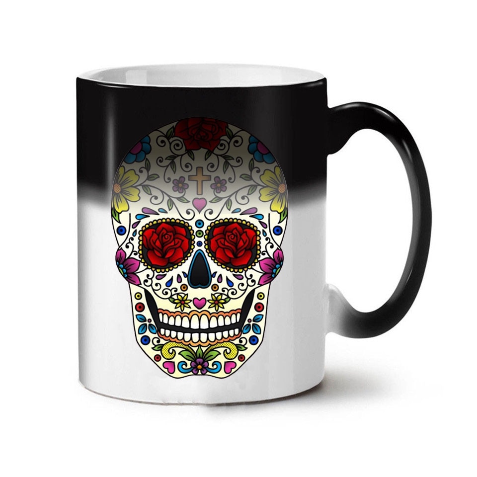 Färgglad dödskalle muggar glas värme färgskiftande kopp missfärgning magisk personlighet rolig keramisk kaffekopp mugg skalle