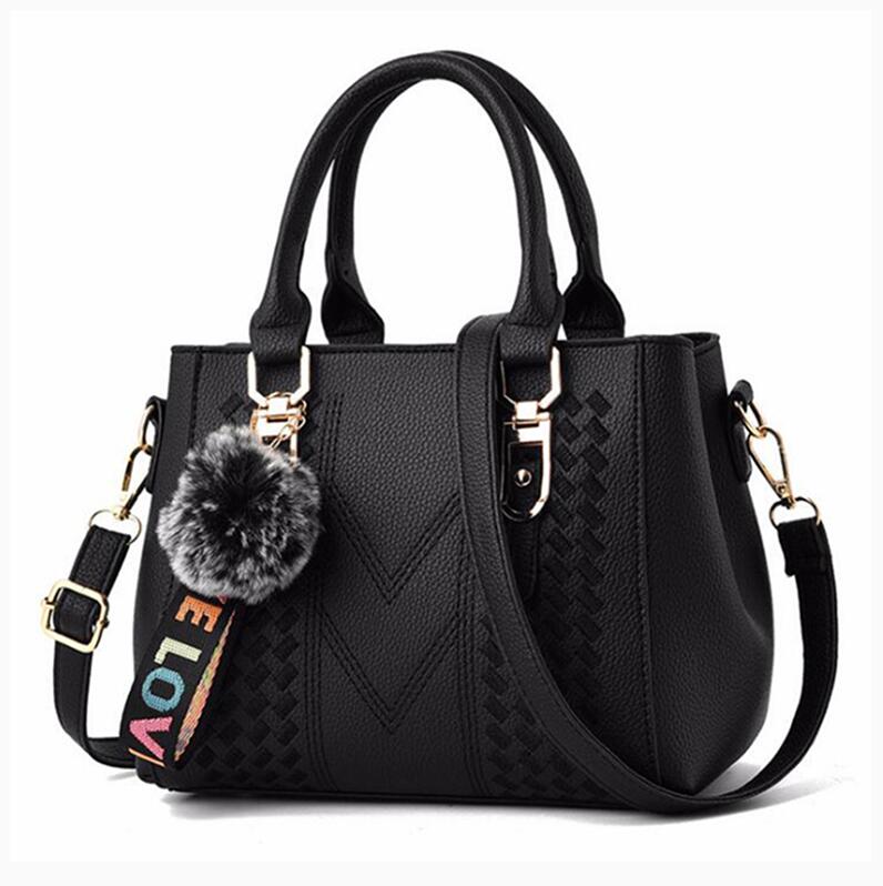 Colgante de bola de piel de ACELURE, bolsos de mensajero bordados de cuero negro PU sólido, bolsos elegantes para mujer, bolsos de mano para mujer, bolsos de compras para fiestas: Black