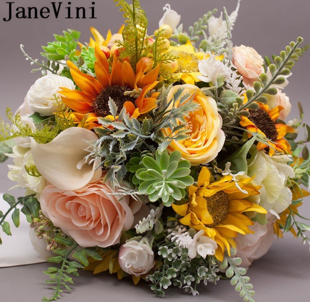 JaneVini żółty panna młoda ślub bukiety ślubne kwiaty sztuczne słonecznika jedwab Róża druhna broszki bukiet Fleur 2019 nowy