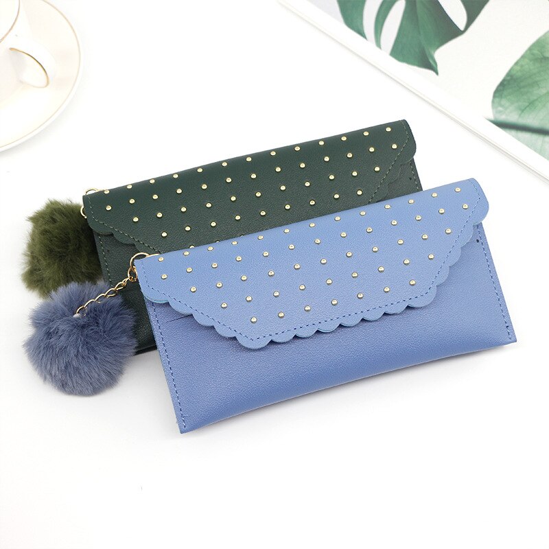 neue frauen Lange Brieftasche Niet Nagel Einfarbig Pelzigen Ball Geldbörse frauen Handtasche für