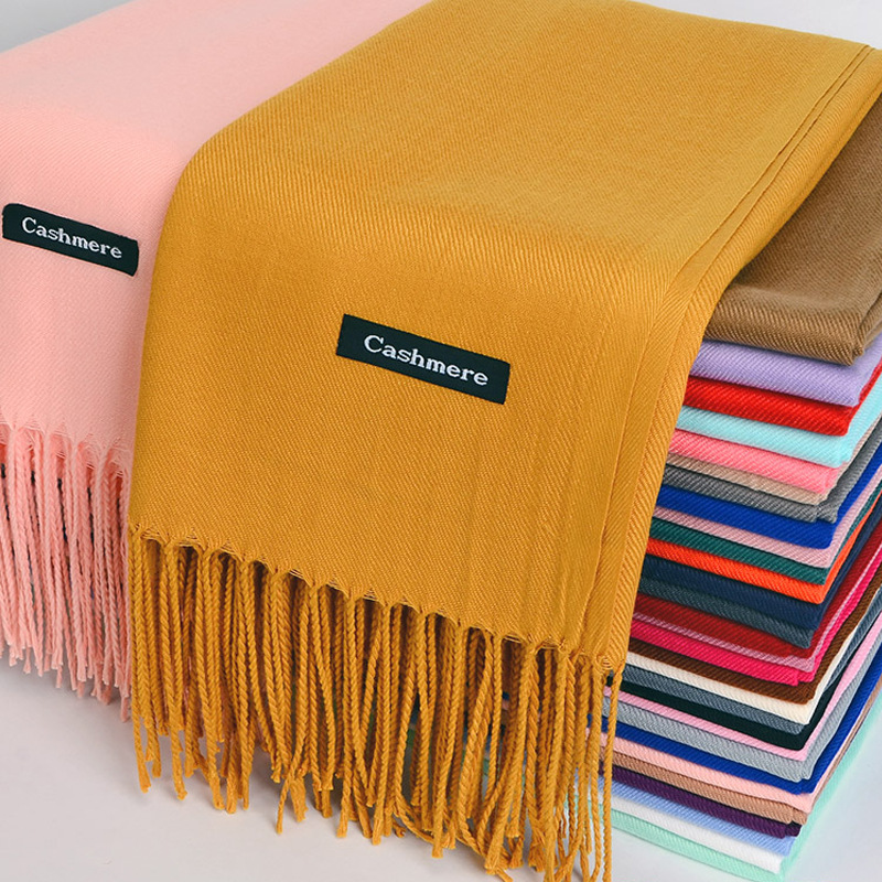 Écharpe polyvalente en Imitation cachemire brossé, couleur unie, épaisse, longue écharpe d'hiver avec pompon en cachemire, châle à épaule pour fille